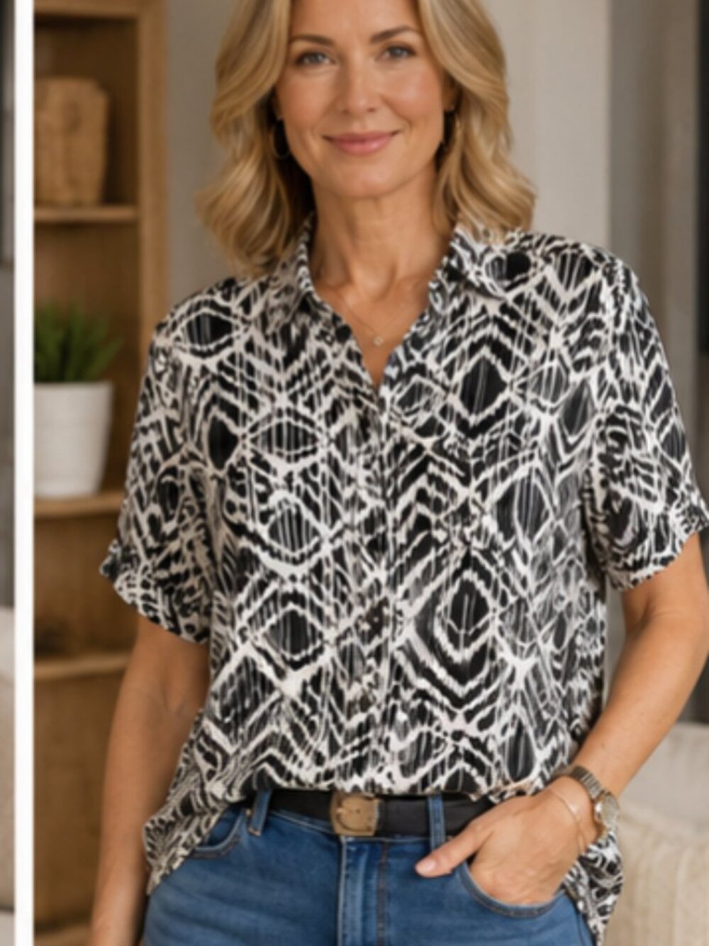 Westbound Petites Black & White Geometric Short-Sleeve Button-Up Shirt